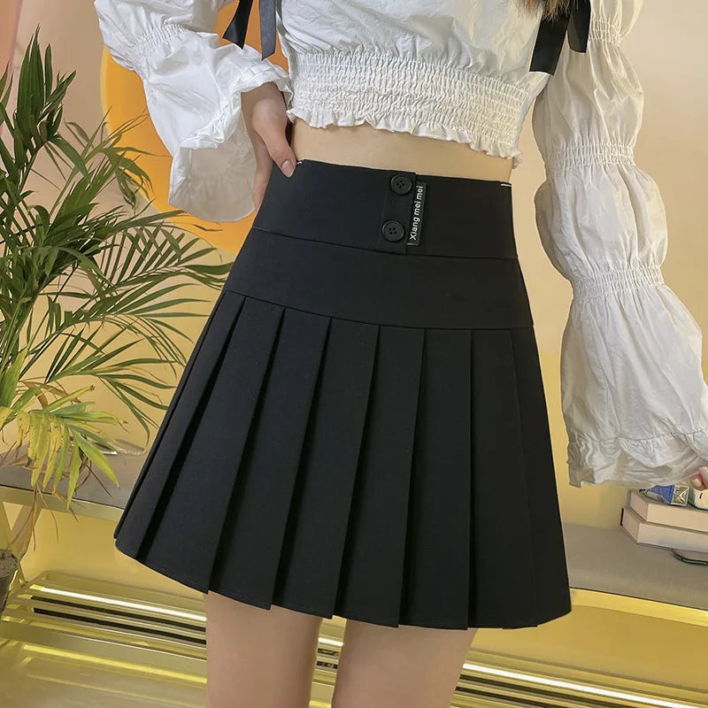 Koisoon Y2K Black Pleated Skirt Women Fashion Letter Embroidery Mini Skirts Korean High Waist Female Button A Line Skirts New