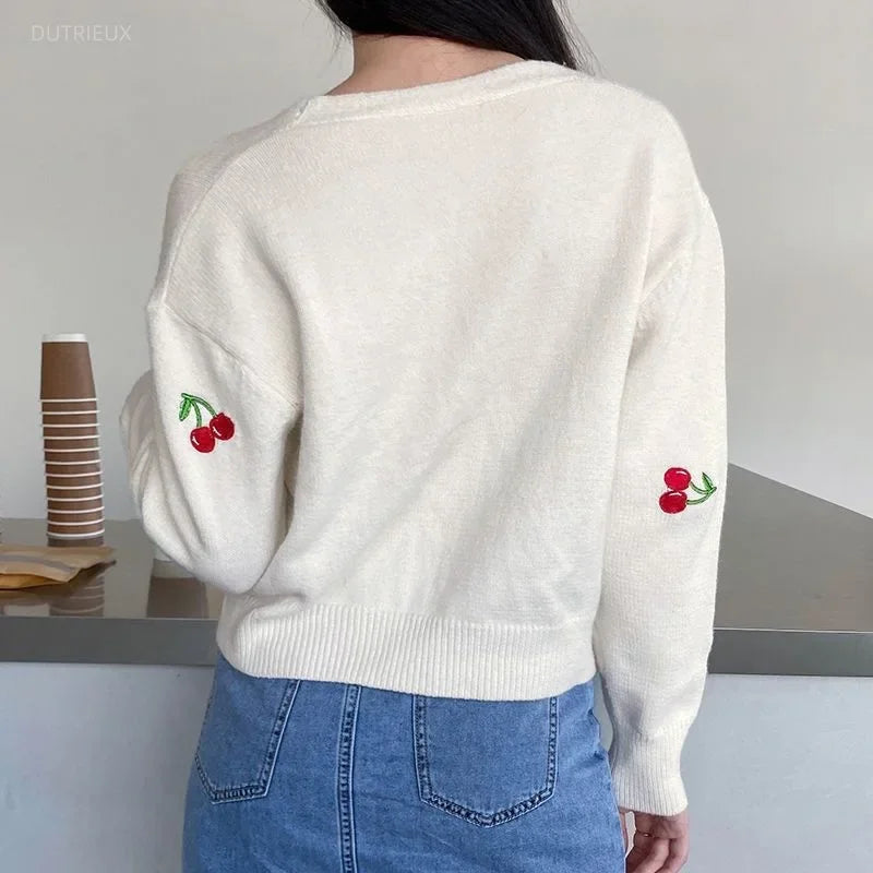 Koisoon V Neck Cropped Cardigan Embroidered Cherry Sweater Feminino Kawaii Long Sleeve Top Pull Femme Y2k Sueter Mujer Knit Coat