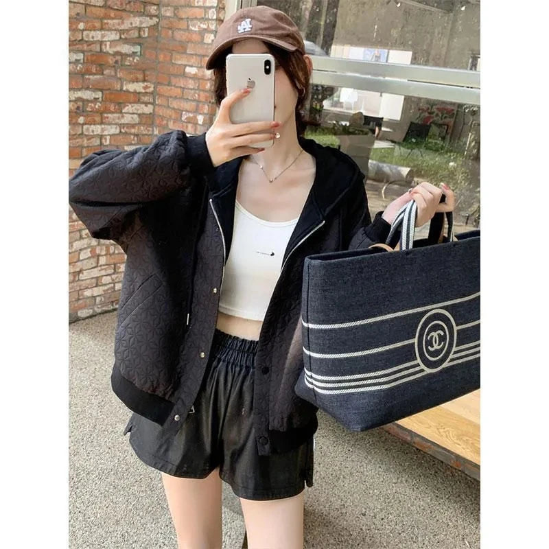 Koisoon Spring Autumn New Baseball Uniform Coat Women Fashion Design Sense Fake Two Coats Female Hooded Loose Large Size Bomber Jacket