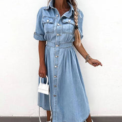 Koisoon New Turn-down Collar Short Sleeve Summer Dress Women's Single Breasted Pocket Casual Dress Denim High Waist Pleated 2024 Dresses