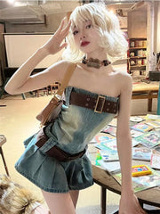 Koisoon American 2000s Vintage Y2k Denim Dress Women 2024 Summer Bodycon Sexy Slim Fit Pleated Retro Sleeveless Jean Dress Korean Chic