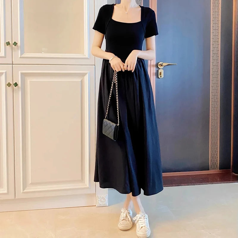 Koisoon Elegant Women Dress Korean Casual Fashion Patchwork Midi Dresses Y2K Female High Waist Ball Gown Short Sleeve A Line Dress