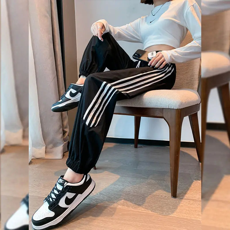 Koisoon Preppy Style Sweet Women Pink Striped Sweatpants Spring Summer Thin Fashion Harajuku Elastic High Waist Casual Casual Trousers