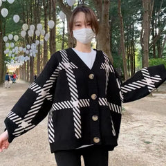 Koisoon Women Korean Cardigan Sweater Fashion Autumn Stripe Loose Knitted Coats Female Casual All Match Big Button Jacket New