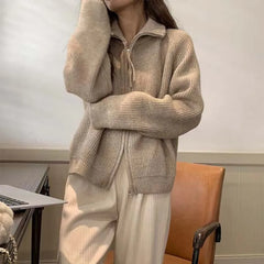 Koisoon Autumn Winter Double Zipper Sweater Women Korean Fashion Long Sleeve Knitted Cardigans Female Stand-up Collar Knitting Coat