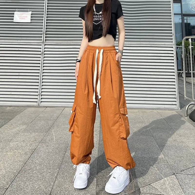 Koisoon Streetwear Women Oversize Solid Cargo Pants Elastic Waist Drawcord Loose Harajuku Hip Hop Casual Wide Leg Sports Trousers