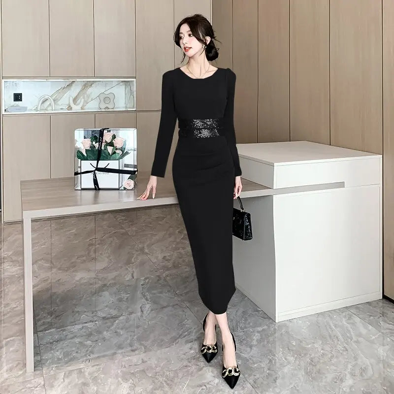 Koisoon Spring New Elegant Bodycorn Party Skirt Suits Sequin Long Sleeves Crop Tops + Sexy Wrapped Skirt Formal Prom Outfit Clothes