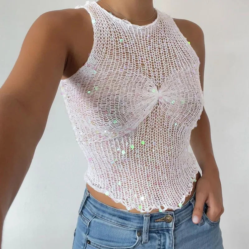 Koisoon Sequin Mesh See-Through Vest Cute Sleeveless For Women Crop top Glitter Fashion Casual Streetwear Hollow Out Slim Tank Top