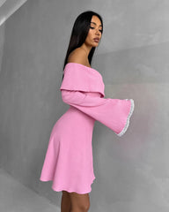 Koisoon Slash Neck Ribbed Knitted A-Line Dress Party Patchwork Lace Flare Sleeve Women Mini Dress Pink Warm Inner Dress 2024