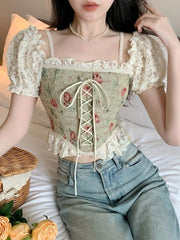 Koisoon Casual Floral Y2k Crop Tops Woman Outwear Slim Short Sleeve Elegant Blouse Office Lady Korean Style Fashion Pullover Summer