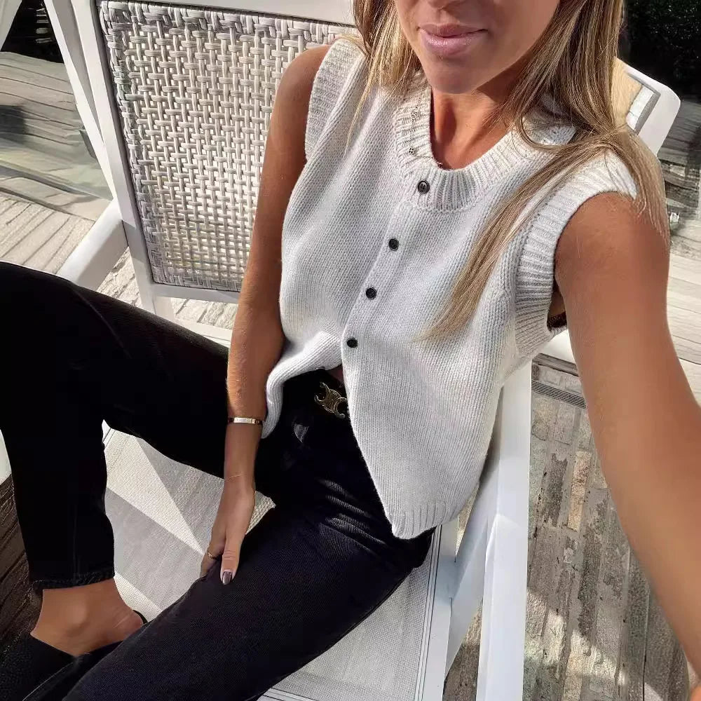 Koisoon Summer Knitted Cardigans Women Elegant Fashion Button Sleeveless Tops Solid Basic Casual Loose Vacation Holiday Vests 2024 Gray