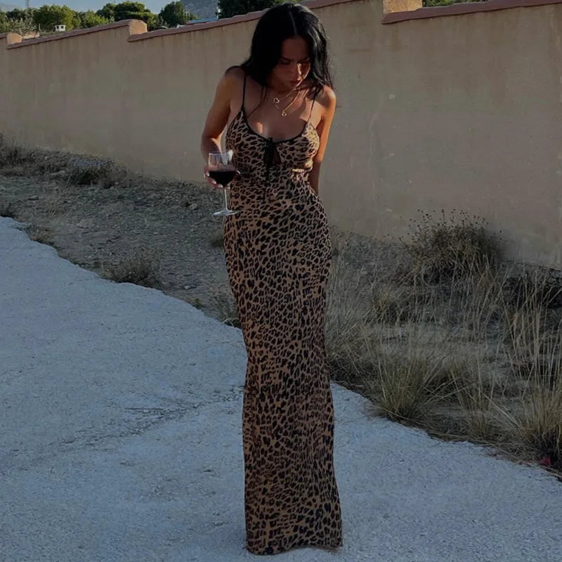 Koisoon Animal Leopard Print Sexy Slip Tie Front Maxi Dress Elegant Outfits for Women Sleeveless Backless Party Dresses Summer Dress