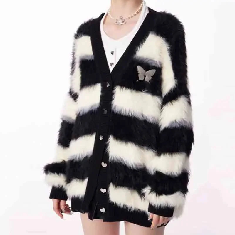 Koisoon Autumn Winter Women Black White Striped Cardigan Sweater Lazy Wind V-neck Warm Fashion Casual Loose Long Sleeve Knitted Coats