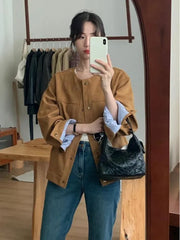 Koisoon Chic Suede Short Jacket Women Korean Camel Fashion Long Sleeve Flight Harajuku Single Breasted Loose Tops Female Vintage Coats