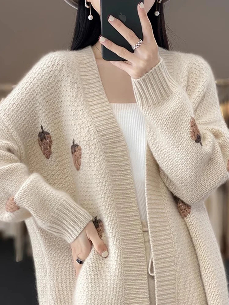 Koisoon Sweet Strawberry Cardigan Women Korean Embroidery V Neck Soft Knitted Sweaters Coat Autumn Elegant Loose Casual Outwear New