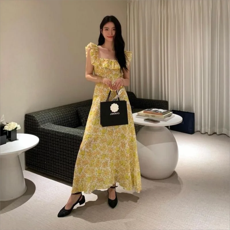 Koisoon 2024 Vintage Floral Midi Dress Women Sweet Print Square Neck A Line Dresses Korean Vacation Yellow Flying Sleeves Slim dress