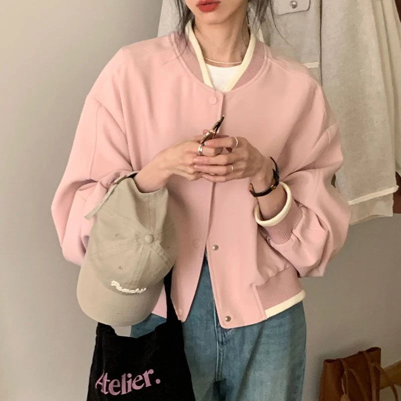 Koisoon Streetwear Women Baseball Jacket Korean Fashion Cropped Loose Outerwear Female Casual Metal Button Coats Autumn New