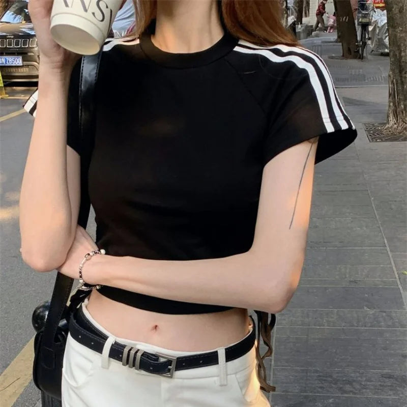 Koisoon Harajuku Summer Women Striped Short T-shirt Streetwear Fashion New Korean Clothing Drawstring Slim Basic Short Sleeve Crop Tops