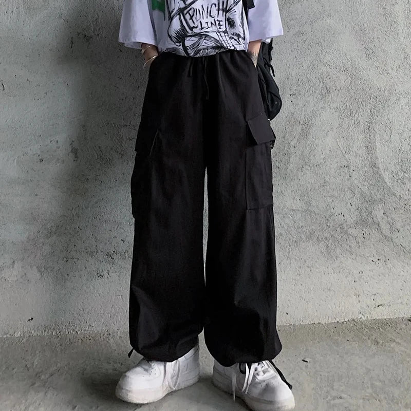 Koisoon Harajuku Women Cargo Pants Japan Style Casual Big Pocket Wide Leg Pants Summer All Match Female Loose Straight Trousers