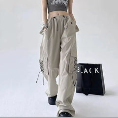 Koisoon Streetwear Women Cargo Pants Casual All Match Lace Up Loose Wide Leg Pants American Style Female High Waist Trousers New