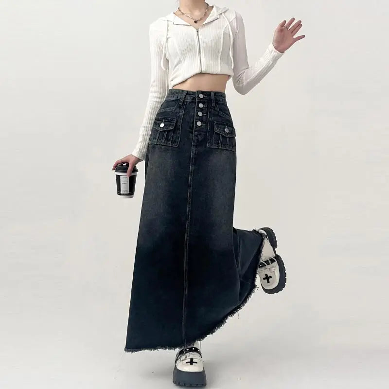 Koisoon High-waisted Cargo Denim Skirt Women's Autumn Long A-line Mid-length Skirt  Retro Raw Edge Y2k Female Clothing Korean Style