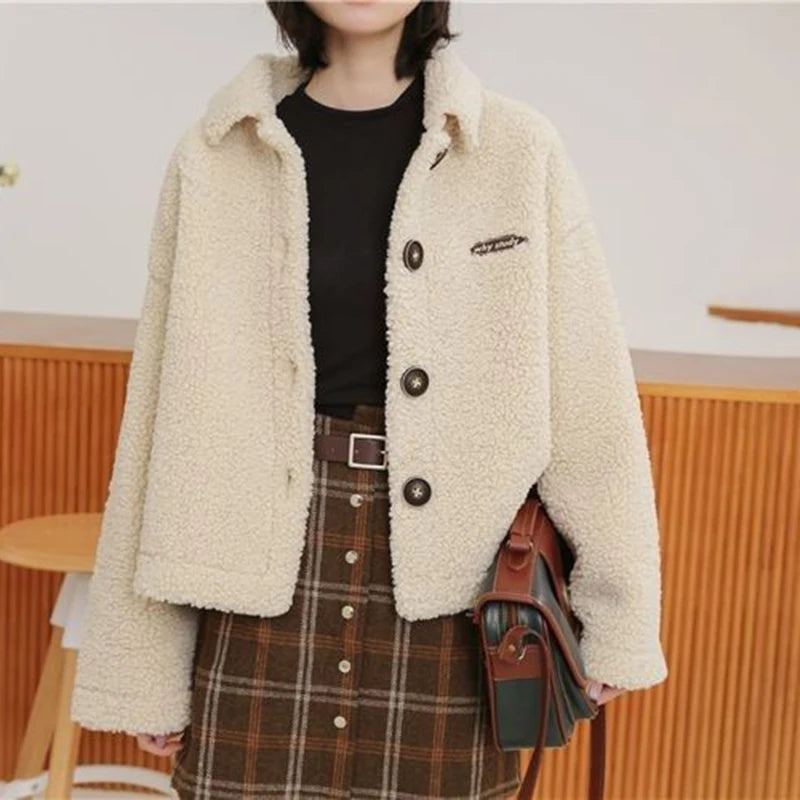 Koisoon Winter Women Lamb Jacket Fashion Japanese Streetwear Female Loose Coats Casual College All Match Buttons Cropped Outerwear