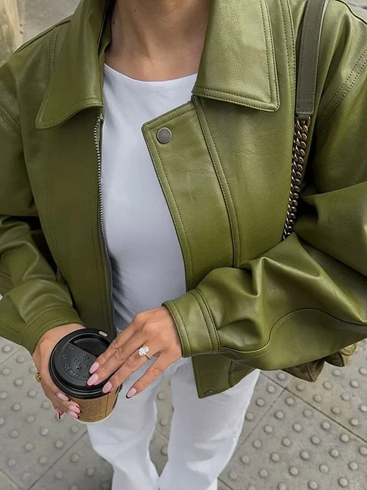 Koisoon Chic Long Sleeve Single Breasted Pocket Loose Coat Women Retro Green Lapel Leather Jacket 2024 Fall Winter Lady High Streetwear