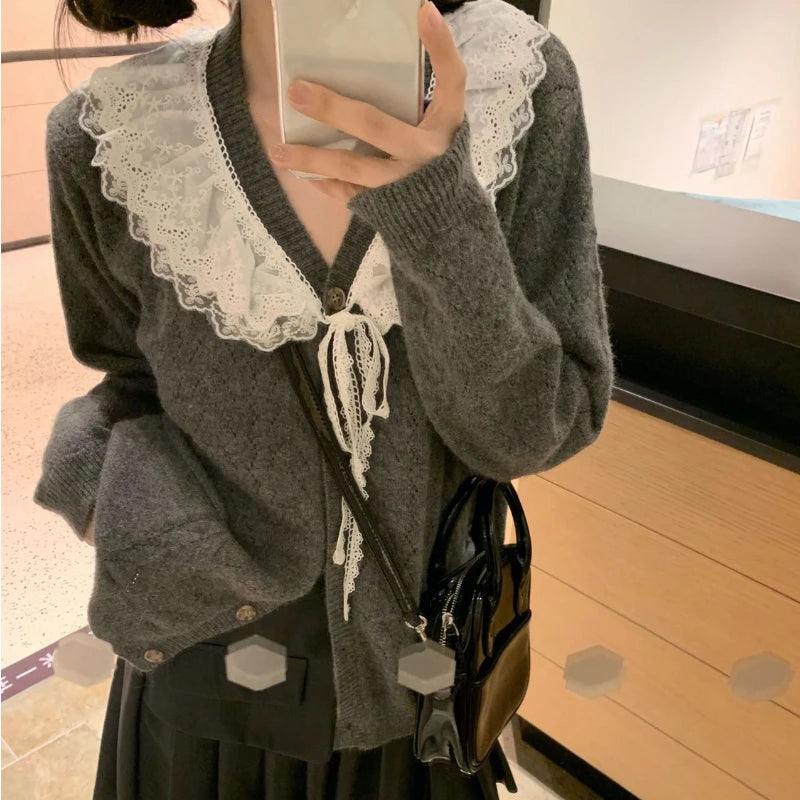 Koisoon Kawaii Cardigan Korean Style Sweet Sweater Lace Knited Tops Grey Cutecore Cardigan Sweaters Autumn Winter Aesthetics