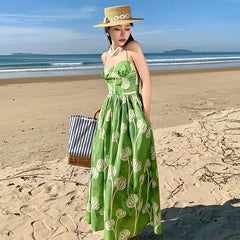 Koisoon 2024 New Summer Green Floral Vacation Dress for Women High Quality Female Korean Evening Clothing Long Sweet Boho Beach Dresses