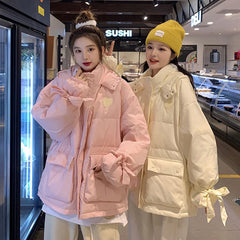 Koisoon Women Thick Warm Parkas Winter Korean Fashion Love Embroidery Puffty Jacket Casual Female Bandage Bow Loose Down Coats New