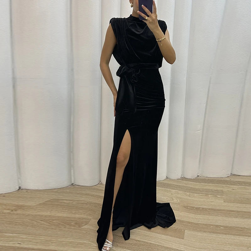 Koisoon Sexy O-neck Sleeveless Soft Velvet Party Dress Women Spring Solid Slim High Slit Draped Long Dress Summer Hollow Mermaid Dresses