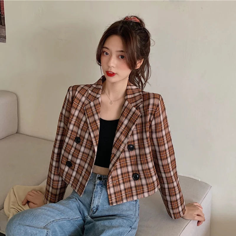 Koisoon Women Plaid Suit Coat Korean Casual Female Cropped Tops Y2K Fashion Designed Button Loose Long Sleeve Coats Autumn New