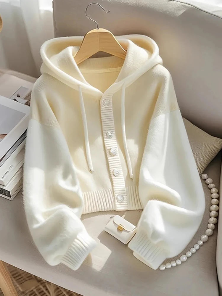 Koisoon Casual Japan Hooded Cardigan Sweaters Women Lazy Wind Patchwork Knitted Coat Vintage Sweet Long Sleeve High Quality Tops