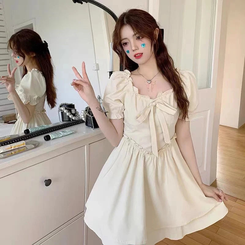 Koisoon Vintage Elegant Bow Dress Fashion Square Collar Women Cute Fungus Lace A Line Dresses Y2K Female Puff Sleeve Mini Dress