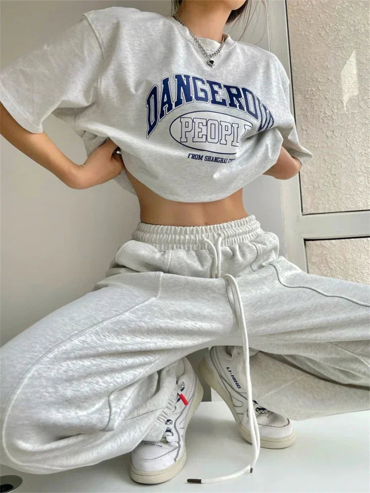 Koisoon Korean Fashion Joggers Sweatpants Women Harajuku Hip Hop Gray Wide Leg Track Pants Oversized Kpop Baggy Sports Trousers