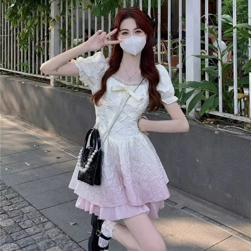 Koisoon Fashion Women Gradient Dress Casual Bow Lace Up Female Puff Sleeve Mini Dresses Korean Elegant Ball Gown A Line Dress