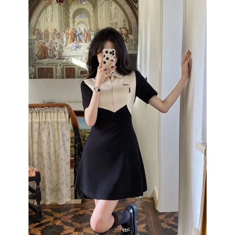 Koisoon Patchwork Fork Women Dress Korean Fashion Zipper Short Sleeved Dress Y2K Summer Grace Female Preppy Style Dresses New