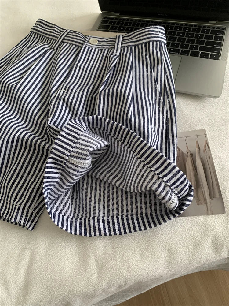 Koisoon Blue Striped Boxer Shorts Women's Commuting Fashion Casual Slimming A-line Wide Leg Pants Summer