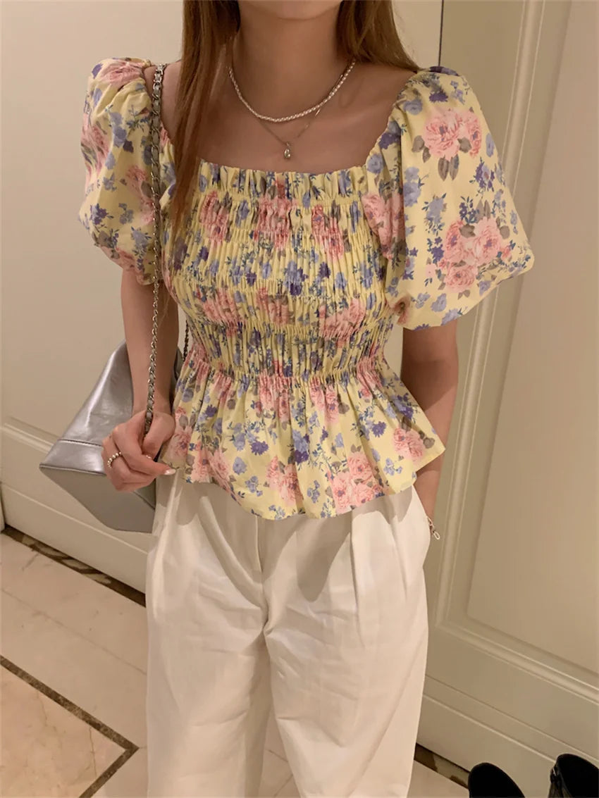 Koisoon Florals Slash Neck Blouses Women Sexy Slim High Street Printed Short Puff Sleeve Casual Sweet Summer Vintage