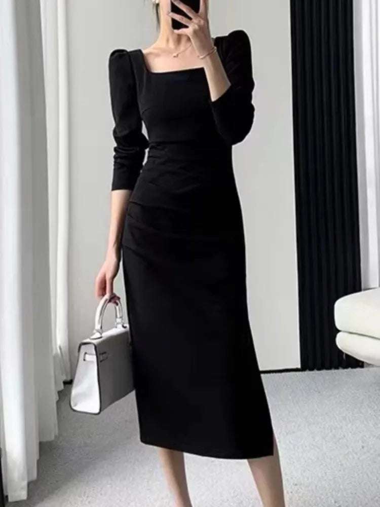 Koisoon Party Dresses Women Long Sleeve Streetwear French Style Dress Office Lady Solid Midi Zipper New Autumn Vestidos Female Mujers