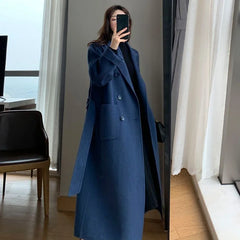 Koisoon Elegant Women Faux Woolen Coats Korean Fashion Streetwear Loose Jacket Autumn Casual Female Belt Long Blended Overcoat New