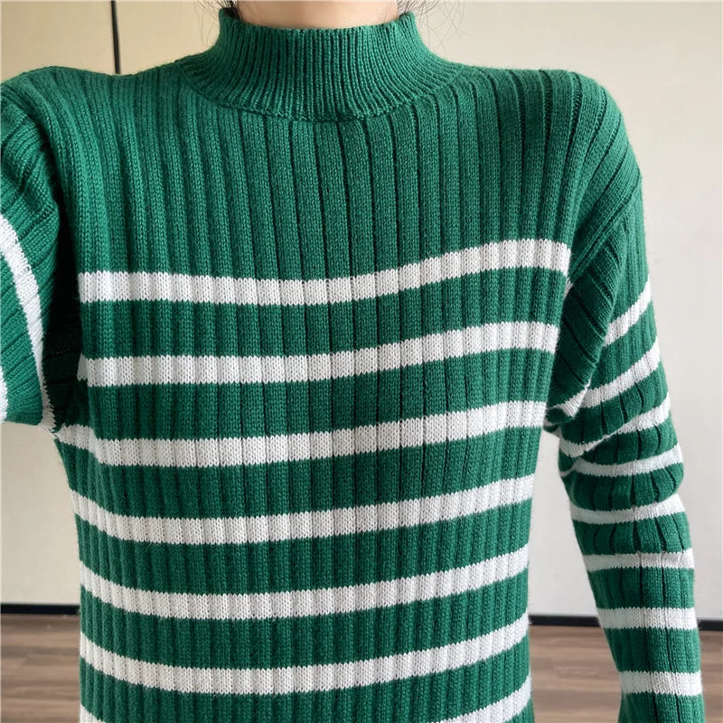 Koisoon Striped Knitted Robe Dresses Clothing For Women Autumn Winter Vintage Casual A Line Long Sleeve Maxi Sweater Dress Female