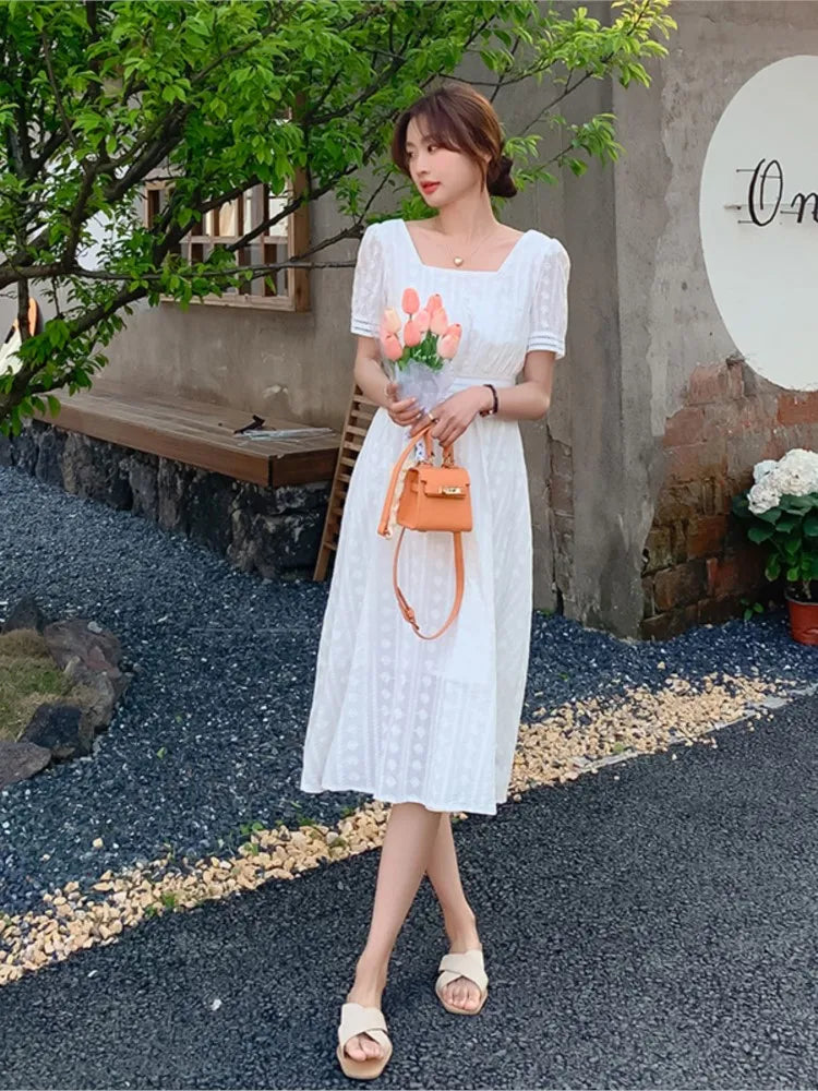 Koisoon French White Women Summer Vintage New Elegant Dresses Square Collar Slim Fairy Long Dress Office Lady Robe 2024 Female Clothing