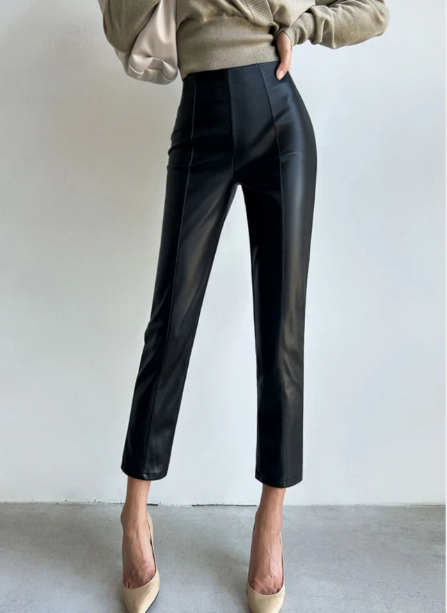 Koisoon Fashion Pencil Pants High Waist Slim Female PU Leather Trousers Autumn Winter Elegant Casual Ladies Solid