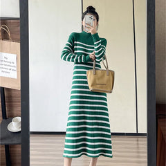 Koisoon Striped Knitted Robe Dresses Clothing For Women Autumn Winter Vintage Casual A Line Long Sleeve Maxi Sweater Dress Female