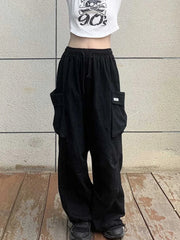 Koisoon 100% Cotton Women Cargo Pants Summer BF Loose Korean Black High Street Student Wide Leg Pants Fashion Pocket Trousers