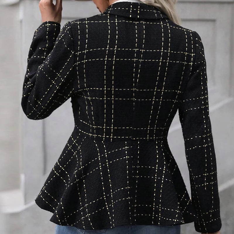 Koisoon Women Buttoned Slim Autumn Coats Long Sleeve Winter Turn Down Collar Jackets Casual Jacquard Irregular Ruffle Hem Blazer