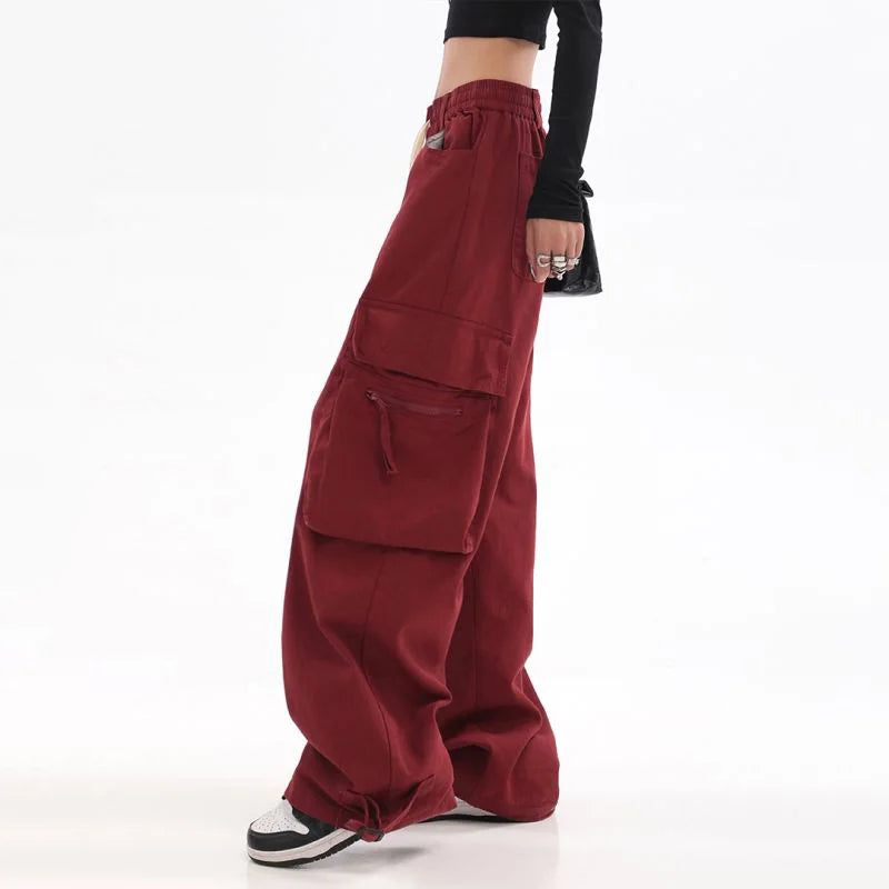 Koisoon Streetwear Vintage Hip Hop Oversize Red Cargo Pants Women Drawstring Elastic Waist Loose Wide Leg Harajuku Casual Trousers