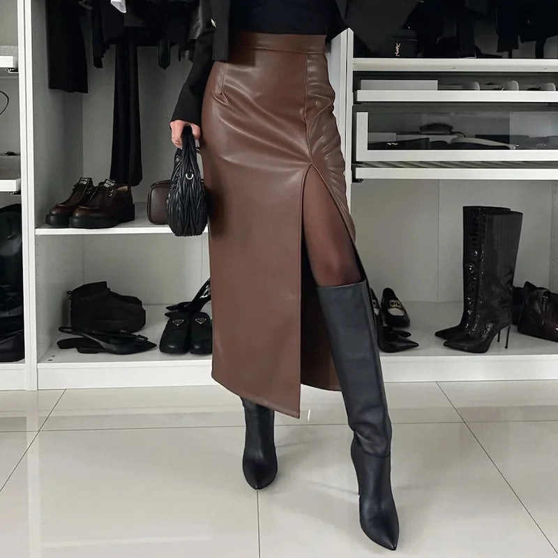 Koisoon Women Vintage Brown PU Leather Skirts Autumn Black Chain Split Pencil Party Skirts Elegant High Waist Sheath Wrap Skirts Femme