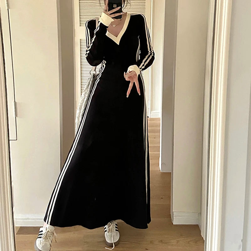 Koisoon Autumn Women Stripe Dress Korean Casual Patchwork Slim Ankle Length Dresses Fashion Female High Waist Long Sleeve Dress